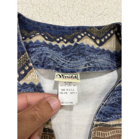 Vintage Aztec Denim Vest Vivaldi Jeanswear USA Made Sz M 100% Cotton Blue Brown - Picture 2 of 5
